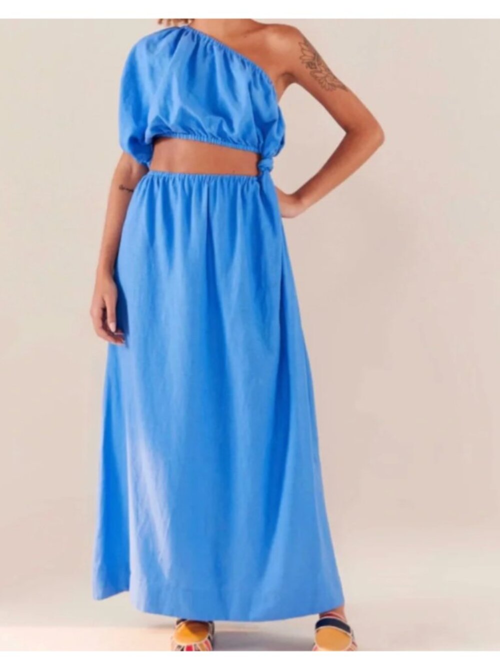 NWT Farm Rio Blue Linen Blend Large One Shoulder Cut Out Dress Resort Beach